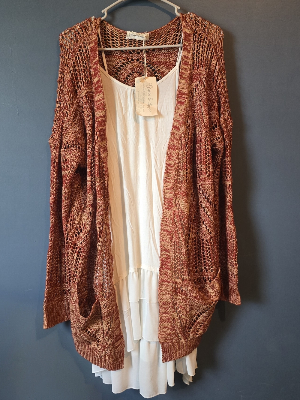 Open-Weave Knit Cardigan - With Ruffle Hem Slip Dress